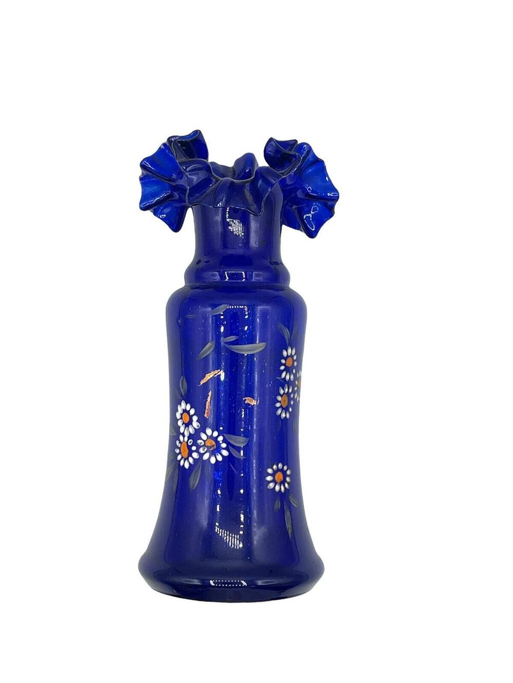 Vintage Cobalt Blue Glass Vase: Hand-Painted Flowers, Ruffle Rim - Picture 2 of 9